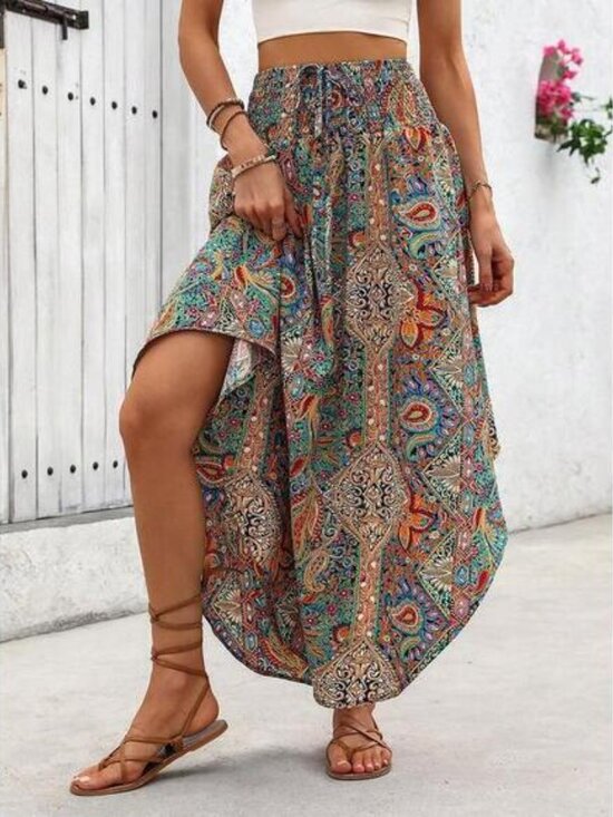Wandoria Holiday Random Paisley Print Curved Hem Skirt Maxi Vacation Beach Outfi - Picture 7 of 7